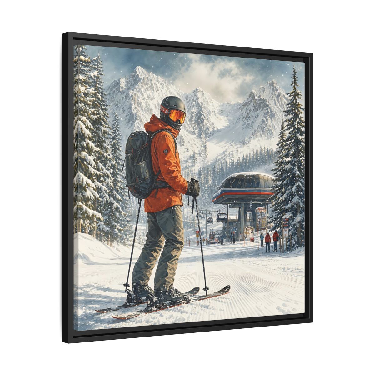 Side Mockup 31. Sports Skier Winter Skiing shown as framed canvas print