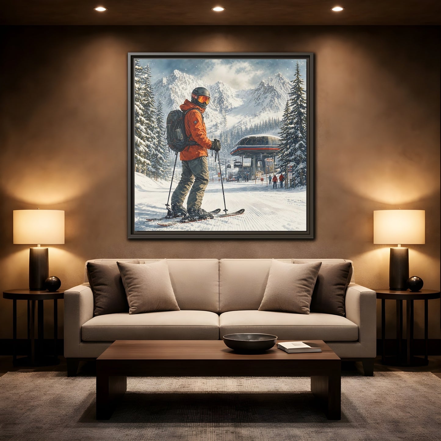 Mockup 2. Sports Skier Winter Skiing shown as framed canvas print
