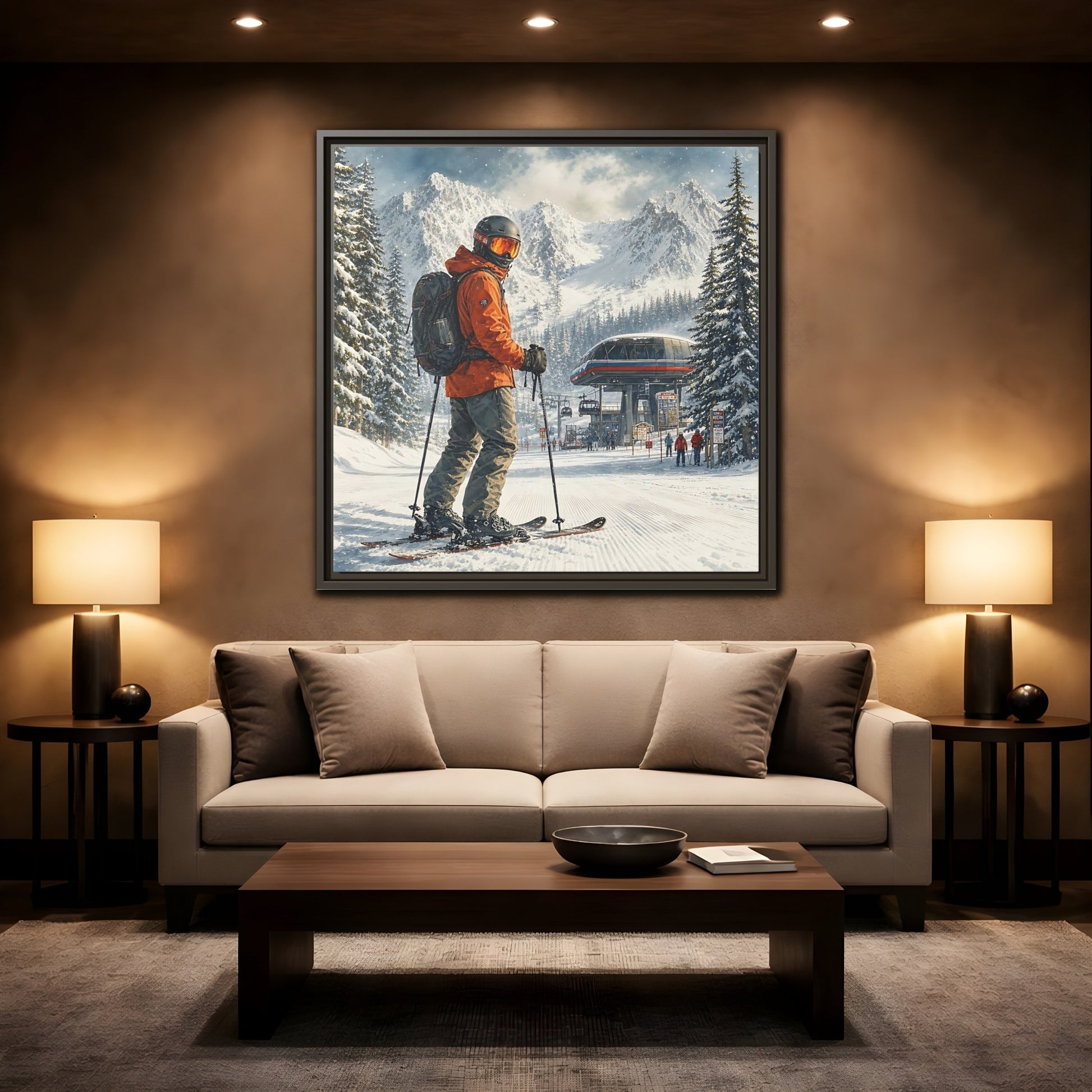 Mockup 2. Sports Skier Winter Skiing shown as framed canvas print