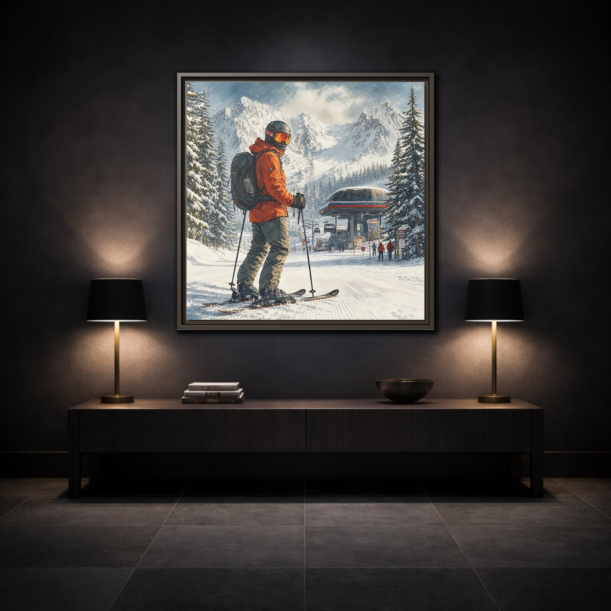 Mockup 3. Sports Skier Winter Skiing shown as framed canvas print