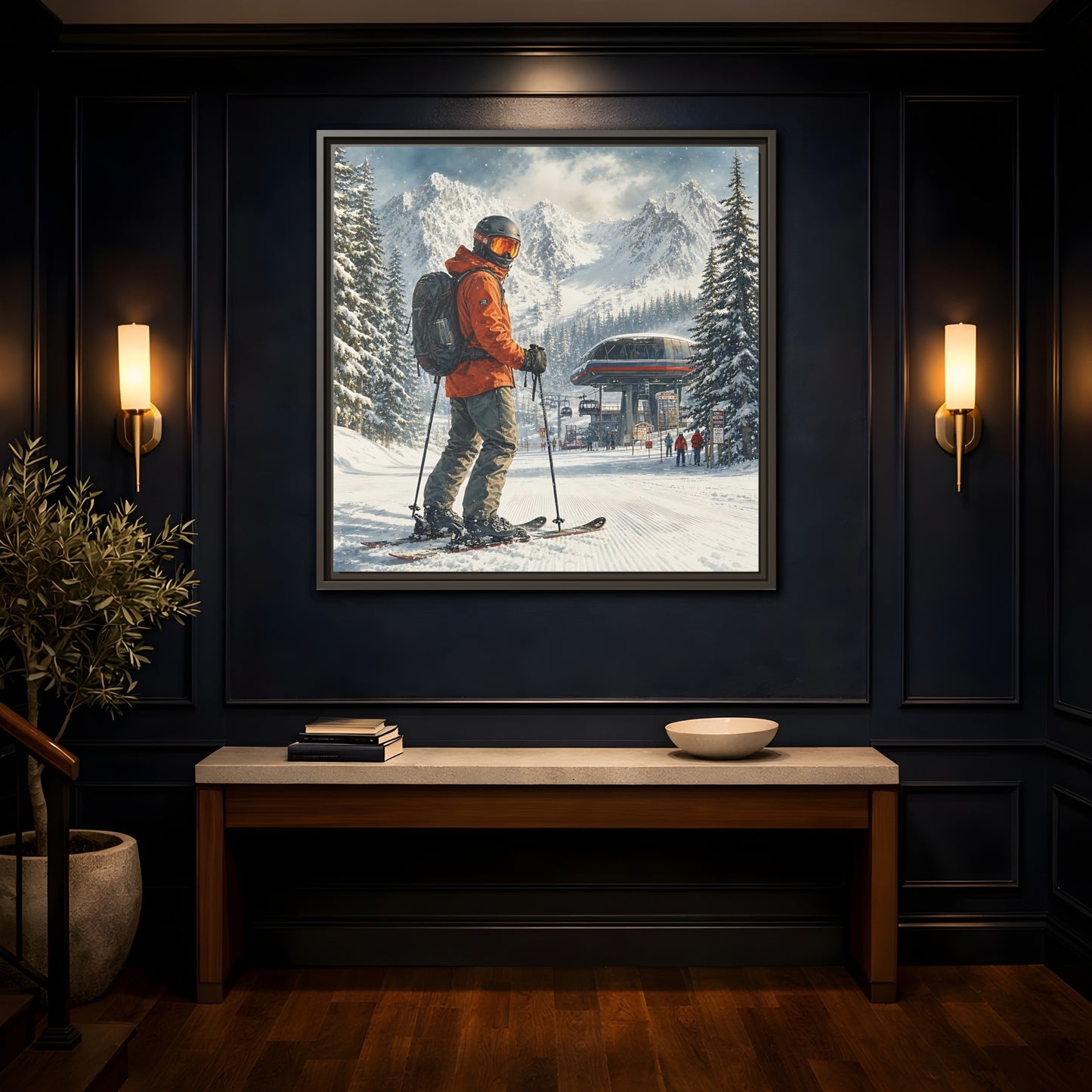 Mockup 4. Sports Skier Winter Skiing shown as framed canvas print