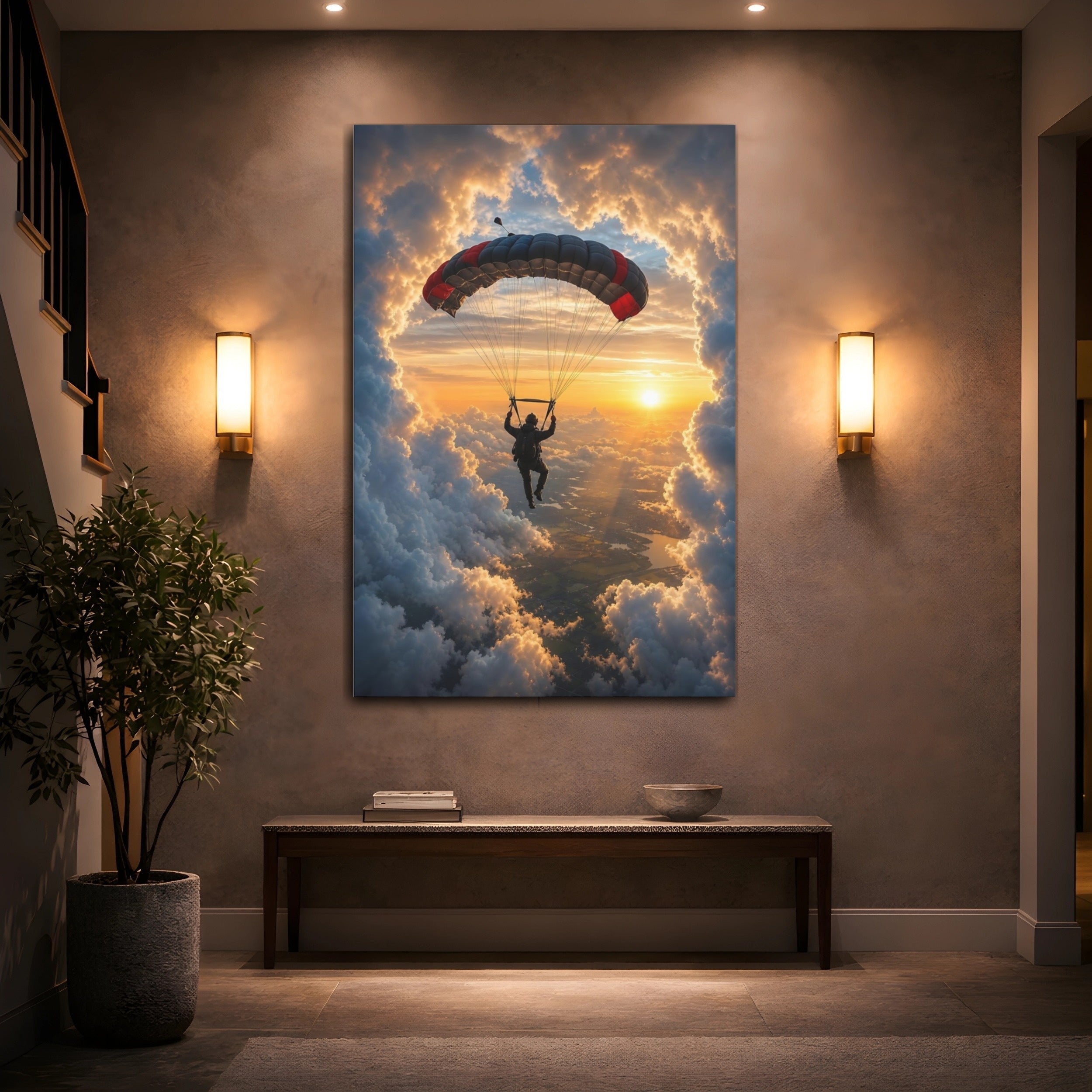 Mockup 2. Sports Skydiver Skydiver Sunset shown as stretched canvas wall art