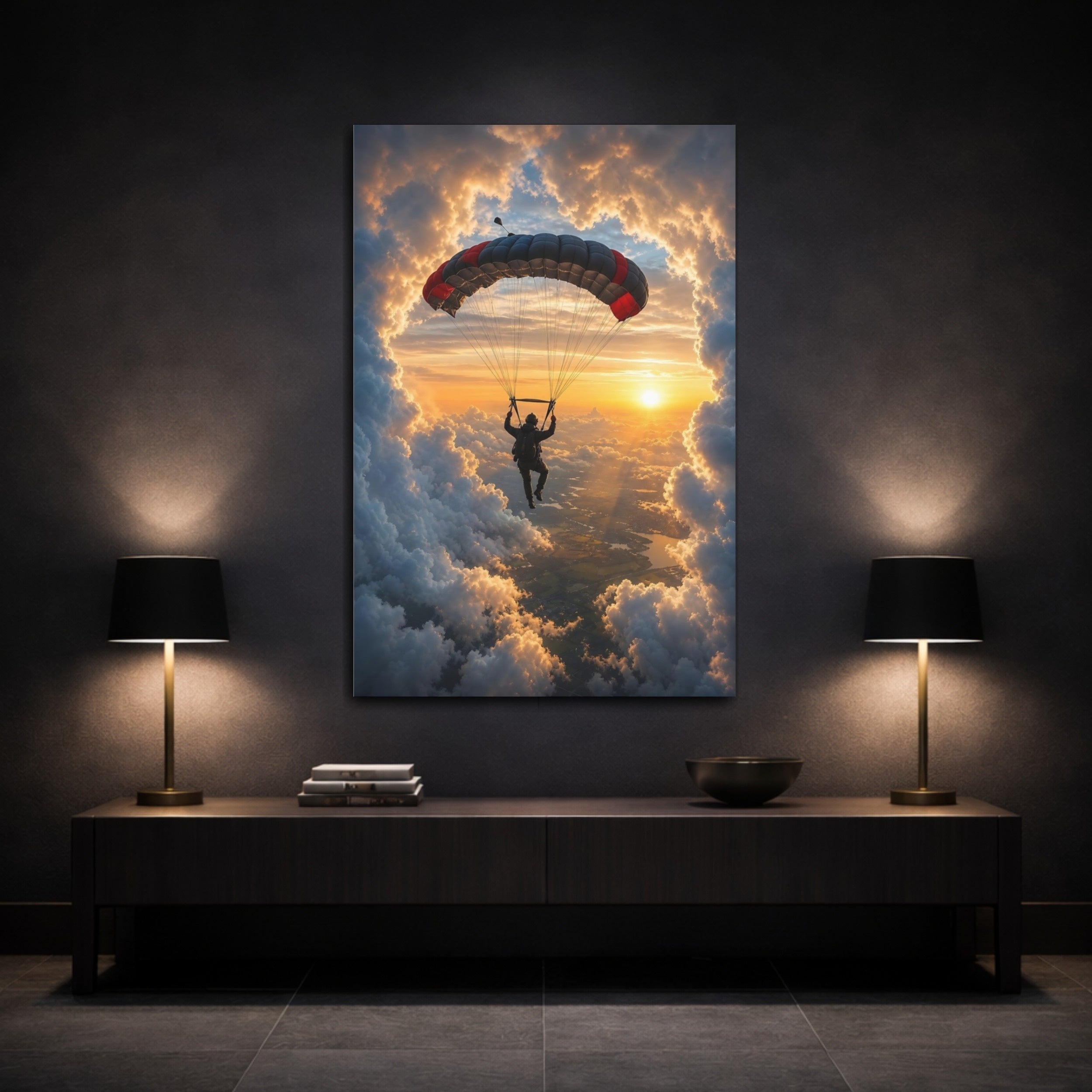 Mockup 3. Sports Skydiver Skydiver Sunset shown as stretched canvas wall art