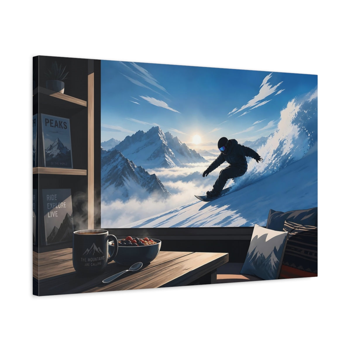 Side Mockup 2. Sports Snowboarder Snowboarding View shown as canvas print