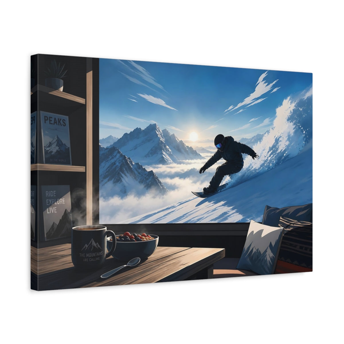 Side Mockup 3. Sports Snowboarder Snowboarding View shown as canvas print