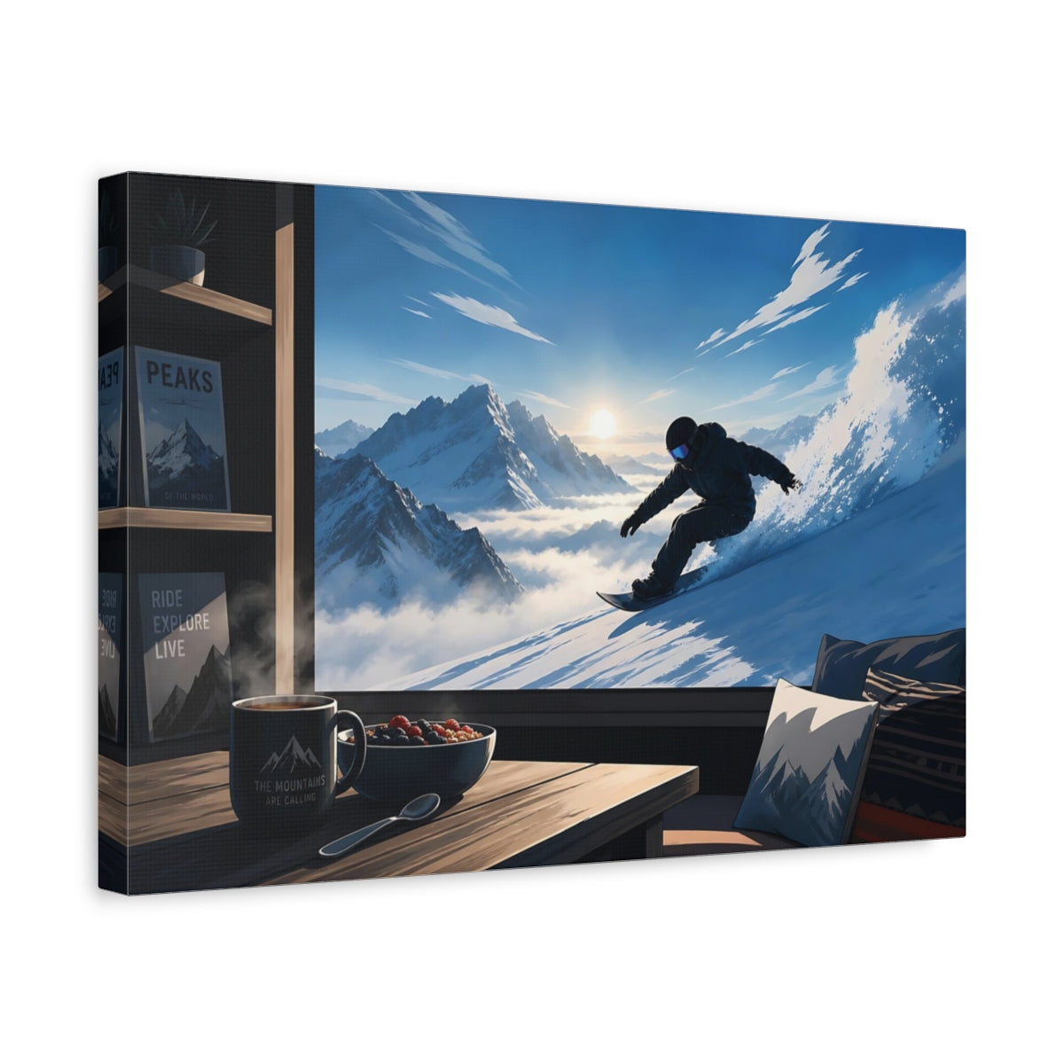 Side Mockup 4. Sports Snowboarder Snowboarding View shown as canvas print