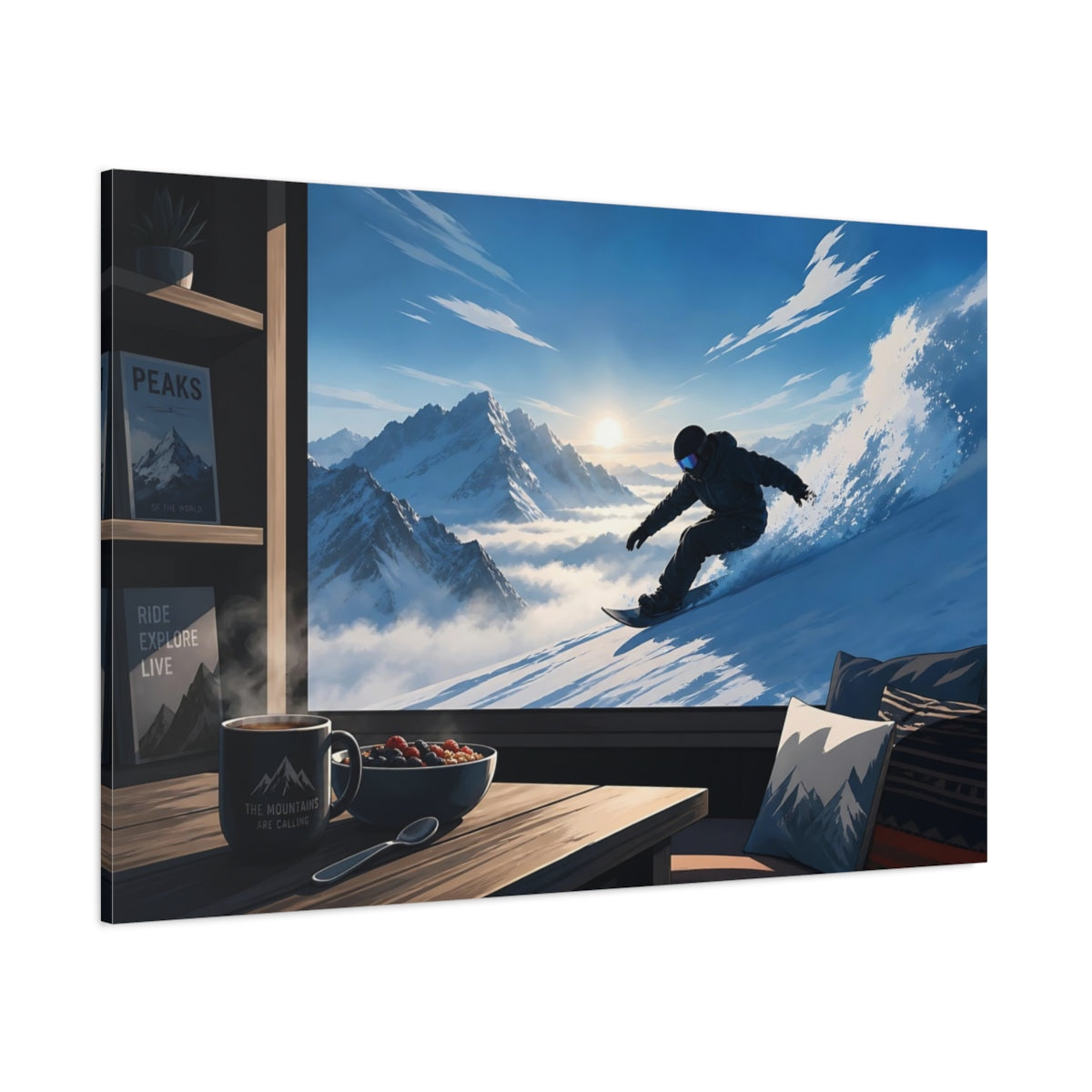 Side Mockup 1. Sports Snowboarder Snowboarding View shown as canvas print