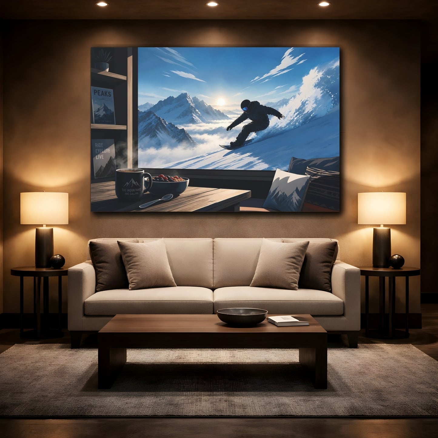 Mockup 2. Sports Snowboarder Snowboarding View shown as canvas print