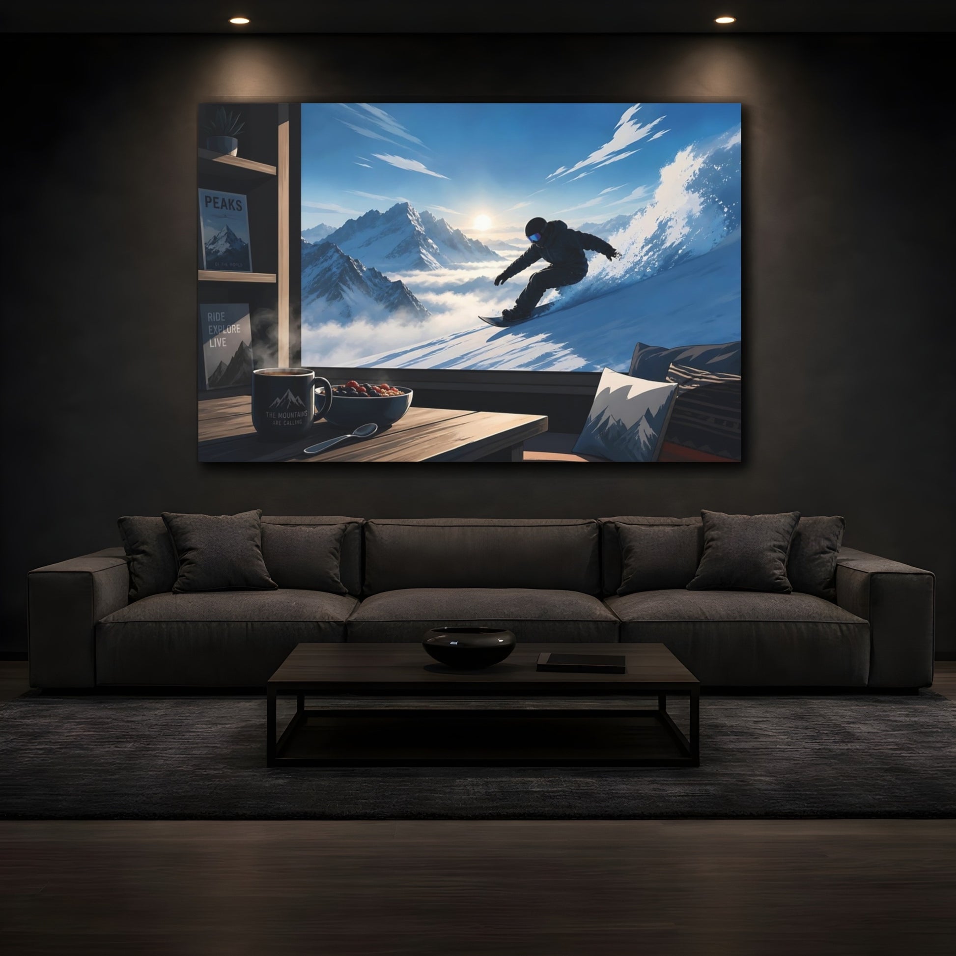 Mockup 3. Sports Snowboarder Snowboarding View shown as canvas print