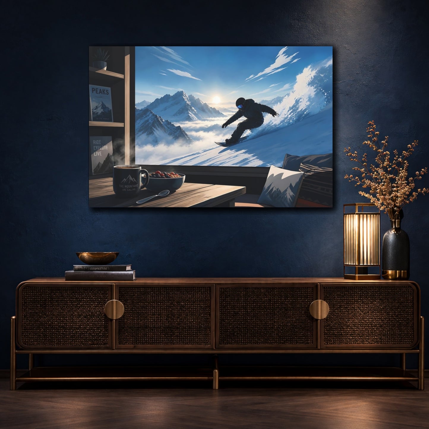 Mockup 4. Sports Snowboarder Snowboarding View shown as canvas print