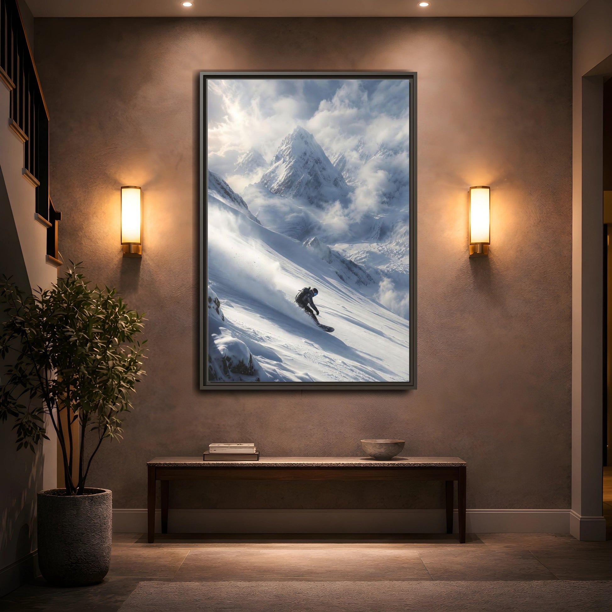 Mockup 2. Sports Snowboarder Winter Snowboarding shown as stretched canvas wall art