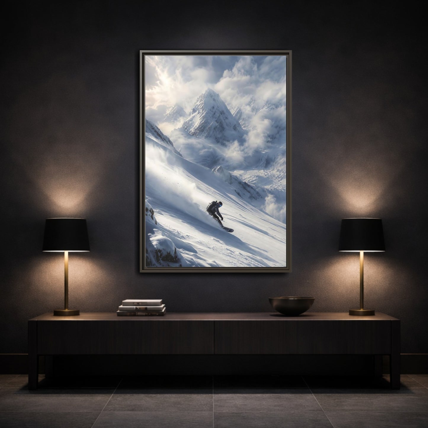 Mockup 3. Sports Snowboarder Winter Snowboarding shown as stretched canvas wall art