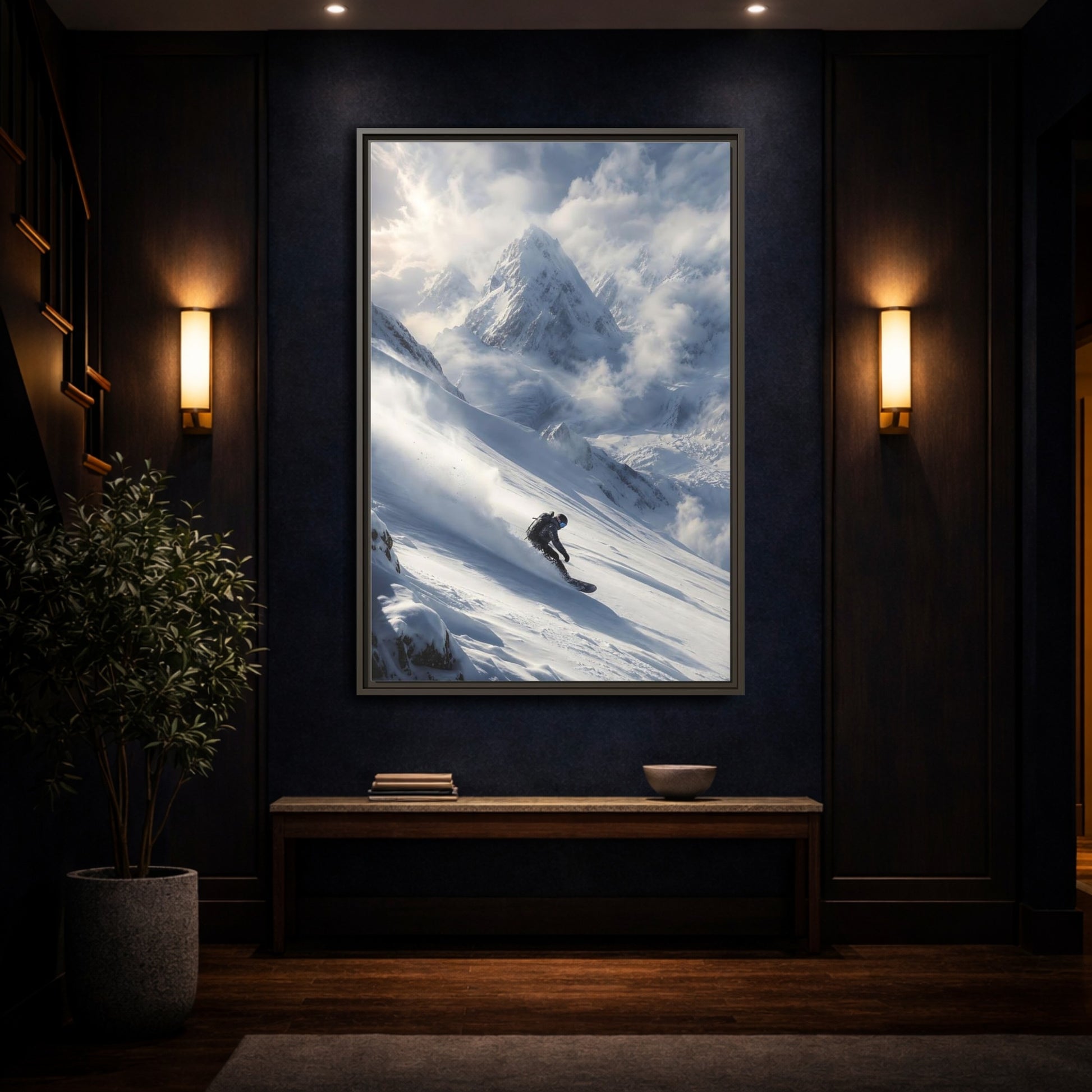 Mockup 4. Sports Snowboarder Winter Snowboarding shown as stretched canvas wall art
