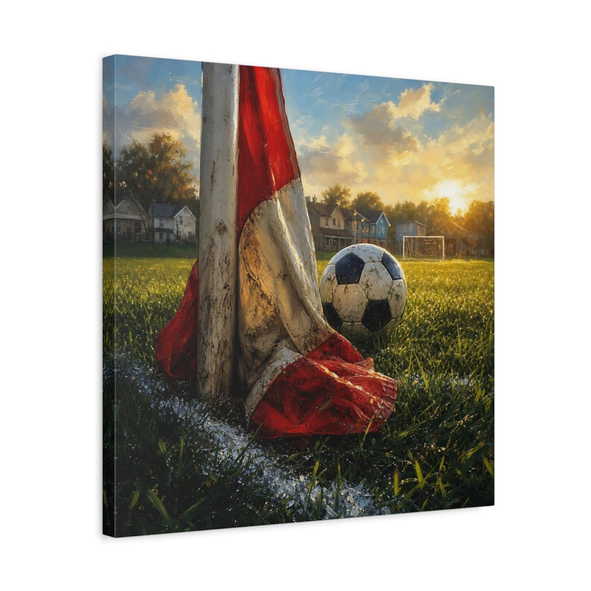 Side Mockup 5. Sports Soccer Ball Soccer Field Sunset shown as canvas print