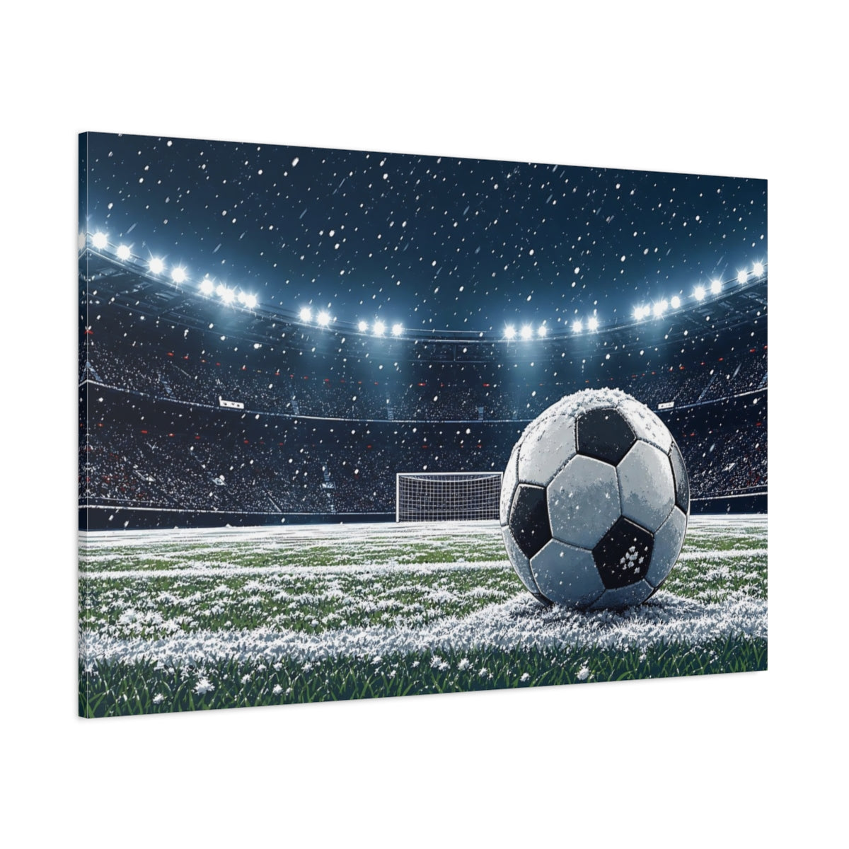 Side Mockup 1. Sports Soccer Ball Snowy Soccer shown as canvas print
