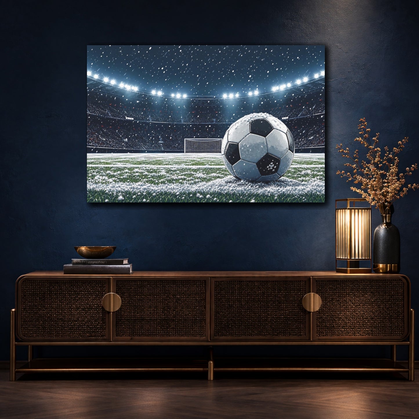 Mockup 4. Sports Soccer Ball Snowy Soccer shown as canvas print