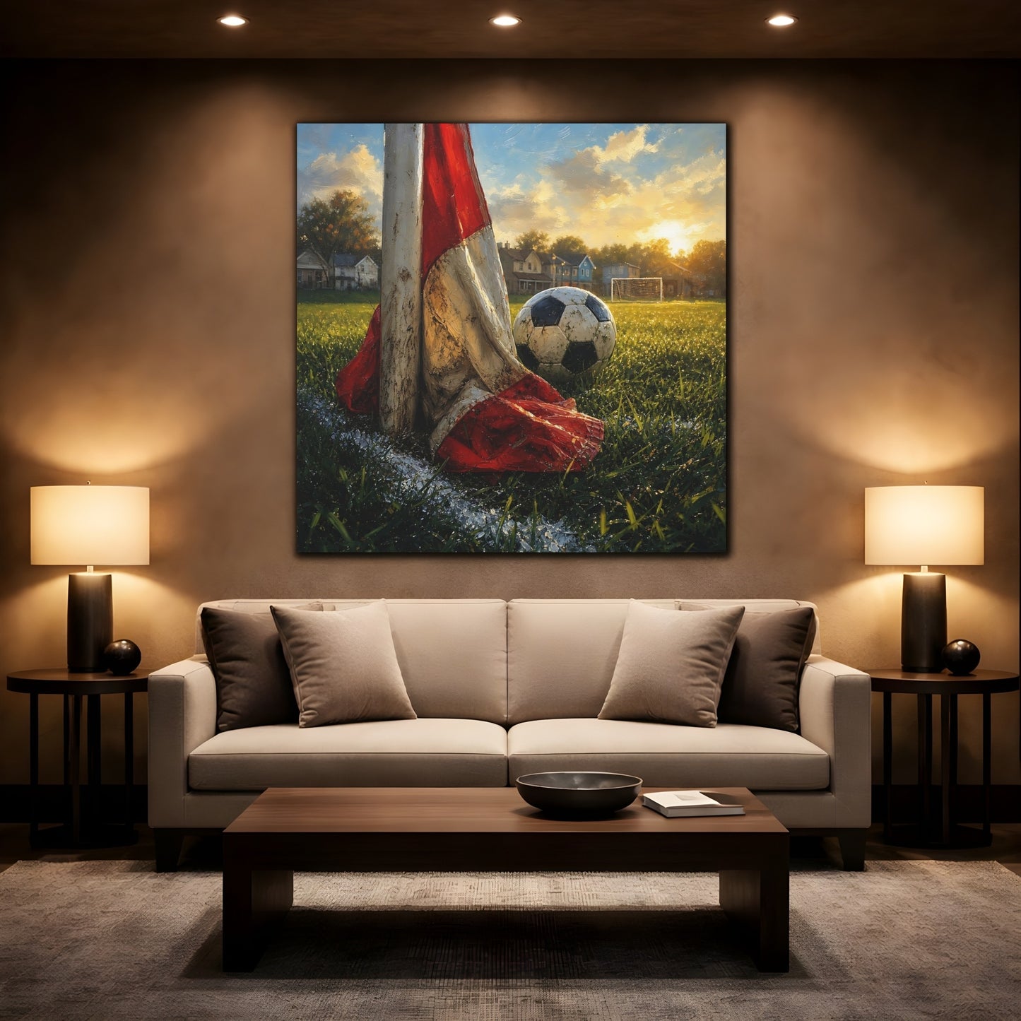Mockup 2. Sports Soccer Ball Soccer Field Sunset shown as canvas print
