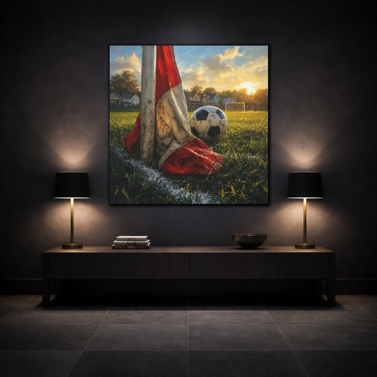 Mockup 3. Sports Soccer Ball Soccer Field Sunset shown as canvas print
