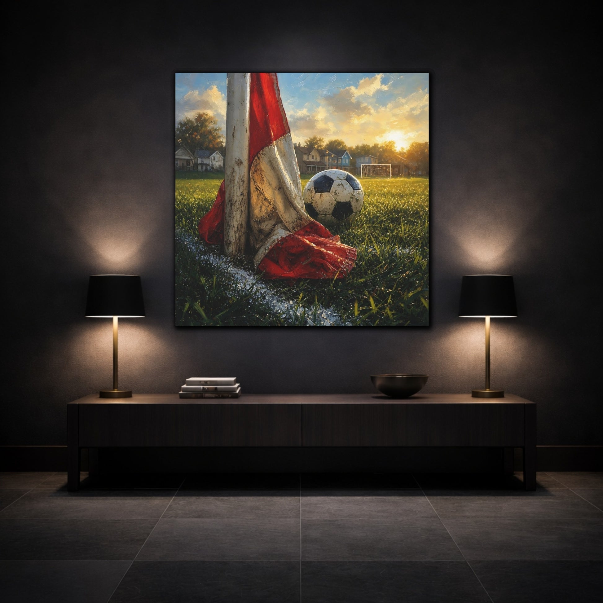 Mockup 3. Sports Soccer Ball Soccer Field Sunset shown as canvas print