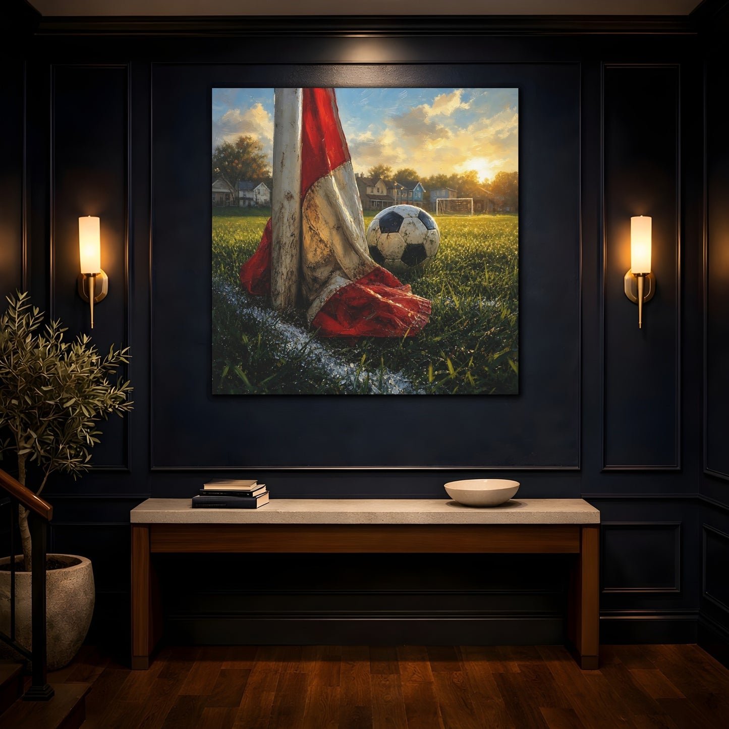 Mockup 4. Sports Soccer Ball Soccer Field Sunset shown as canvas print