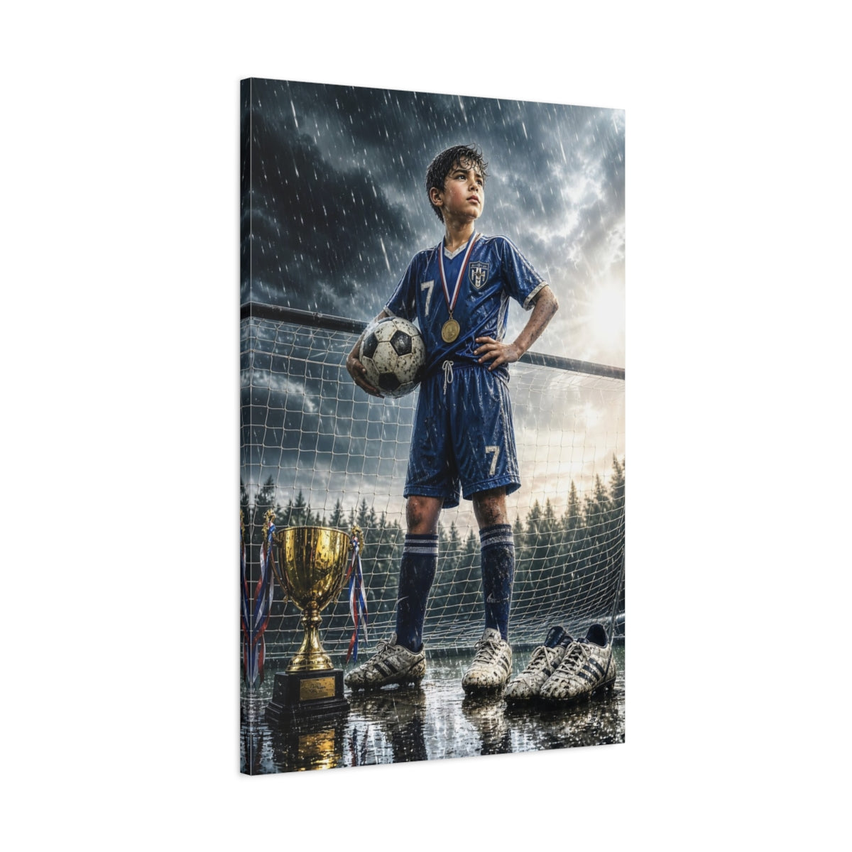 Main Mockup. Sports Soccer Champion Blue And Gold shown as canvas print