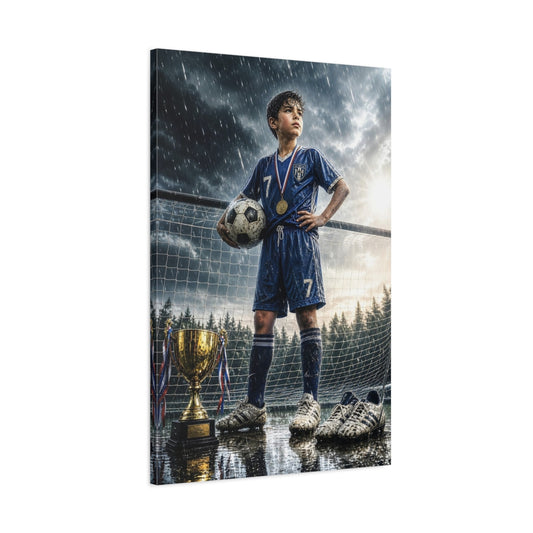 Main Mockup. Sports Soccer Champion Blue And Gold shown as canvas print