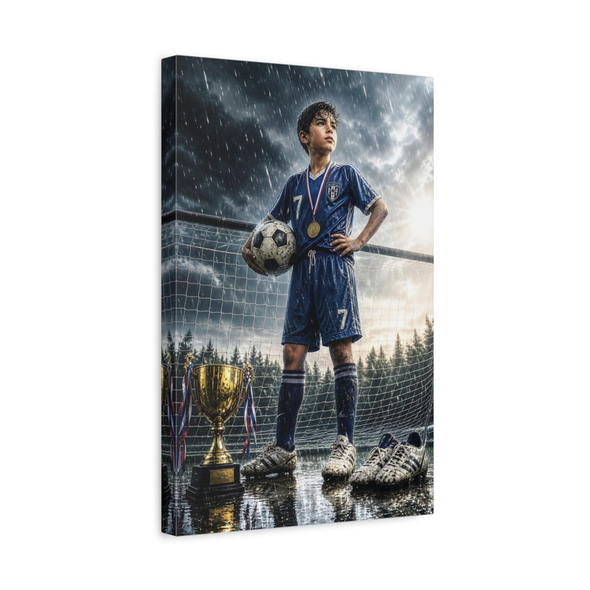 Side Mockup 4. Sports Soccer Champion Blue And Gold shown as canvas print