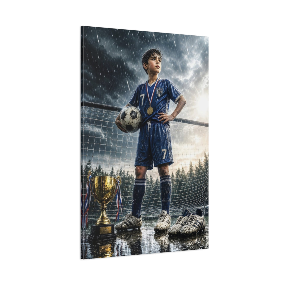Side Mockup 1. Sports Soccer Champion Blue And Gold shown as canvas print