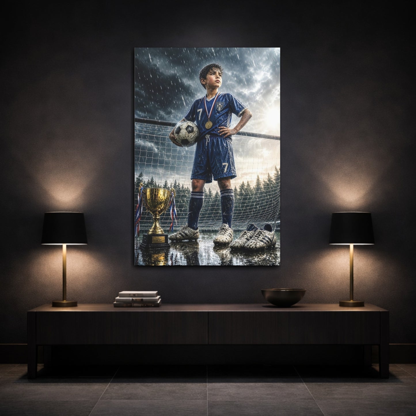 Mockup 3. Sports Soccer Champion Blue And Gold shown as canvas print
