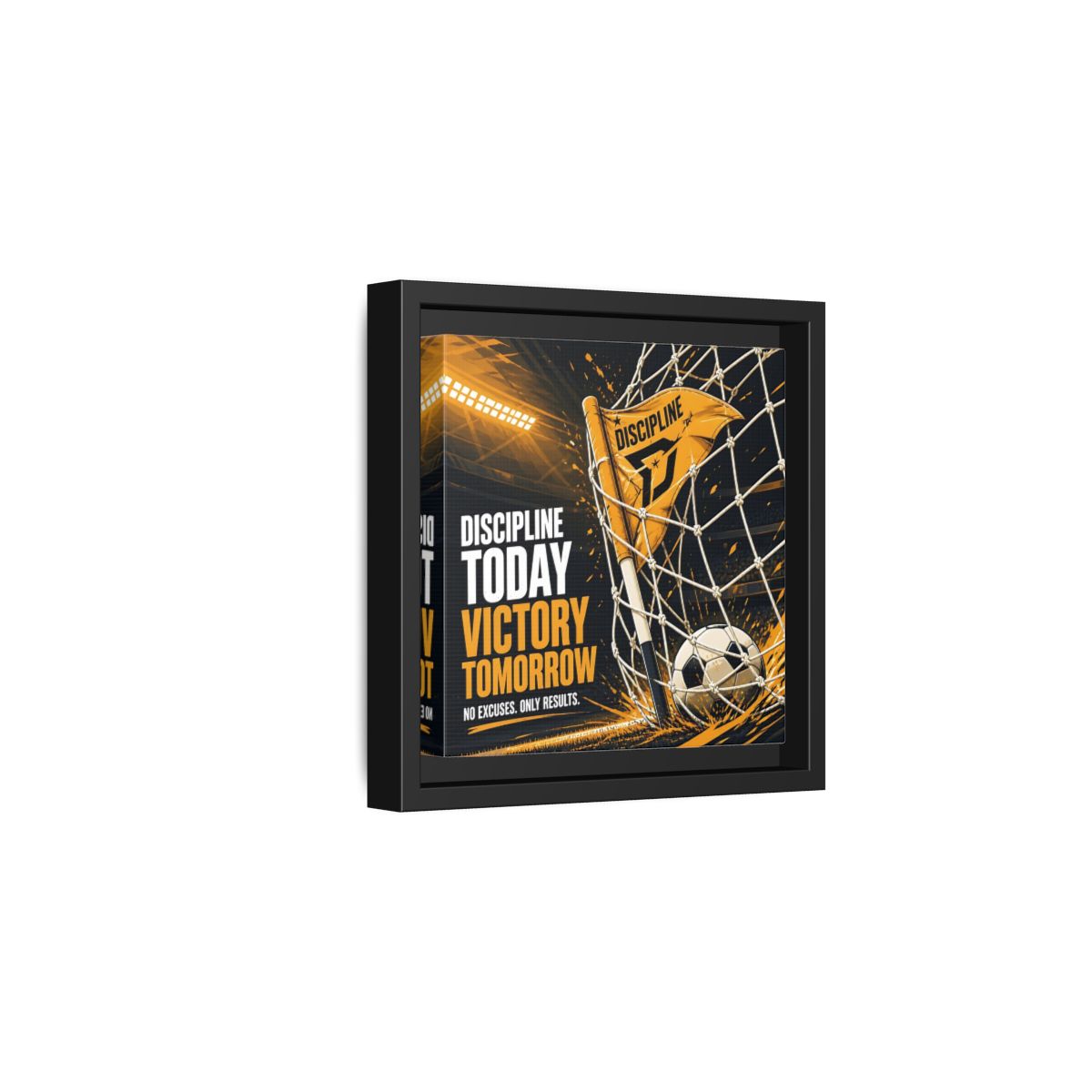 Side Mockup 3. Sports Soccer Goal Black And Gold shown as framed canvas print