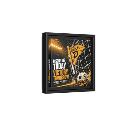 Side Mockup 3. Sports Soccer Goal Black And Gold shown as framed canvas print