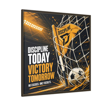 Side Mockup 5. Sports Soccer Goal Black And Gold shown as framed canvas print
