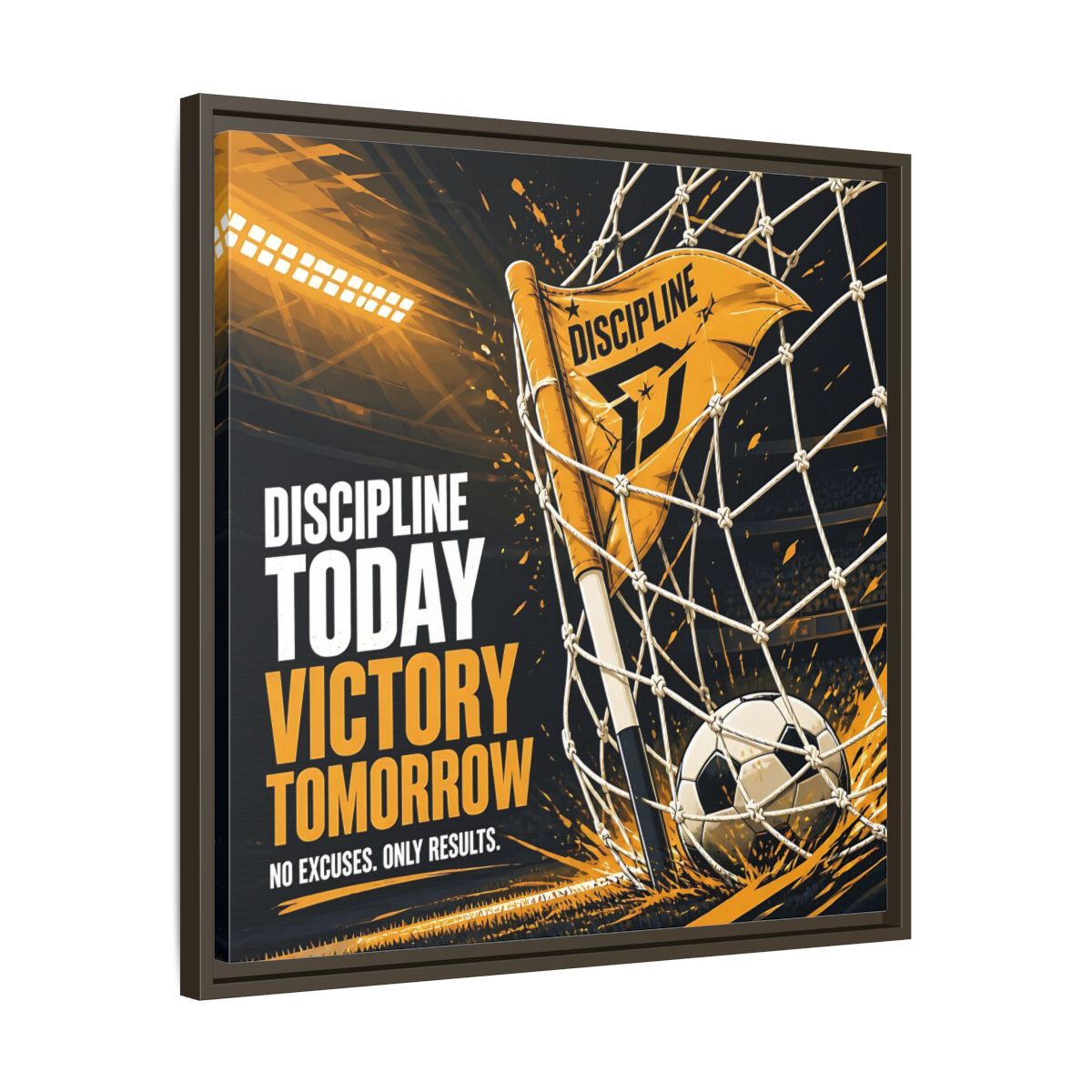Side Mockup 27. Sports Soccer Goal Black And Gold shown as framed canvas print