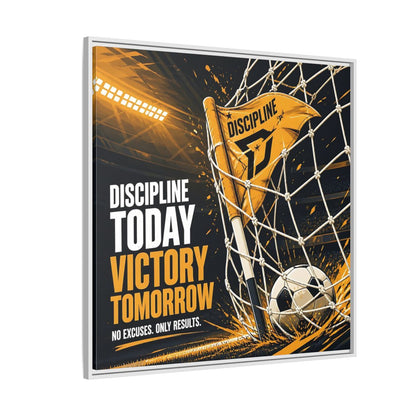 Side Mockup 4. Sports Soccer Goal Black And Gold shown as framed canvas print