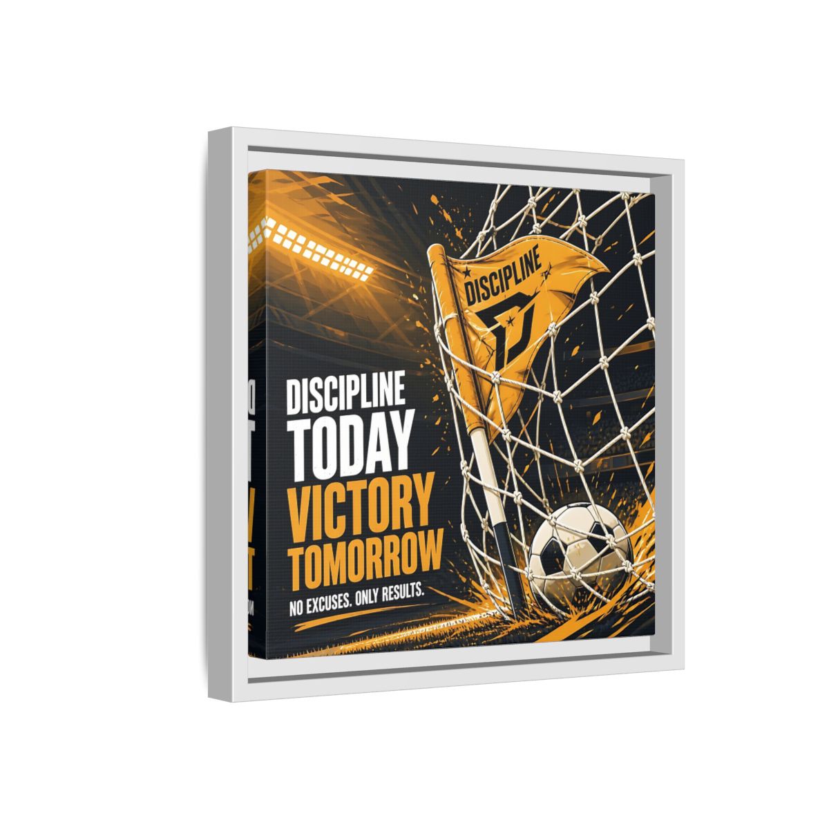 Side Mockup 16. Sports Soccer Goal Black And Gold shown as framed canvas print
