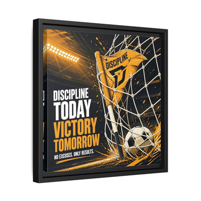 Side Mockup 32. Sports Soccer Goal Black And Gold shown as framed canvas print