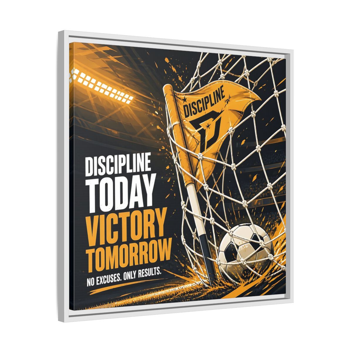 Side Mockup 26. Sports Soccer Goal Black And Gold shown as framed canvas print