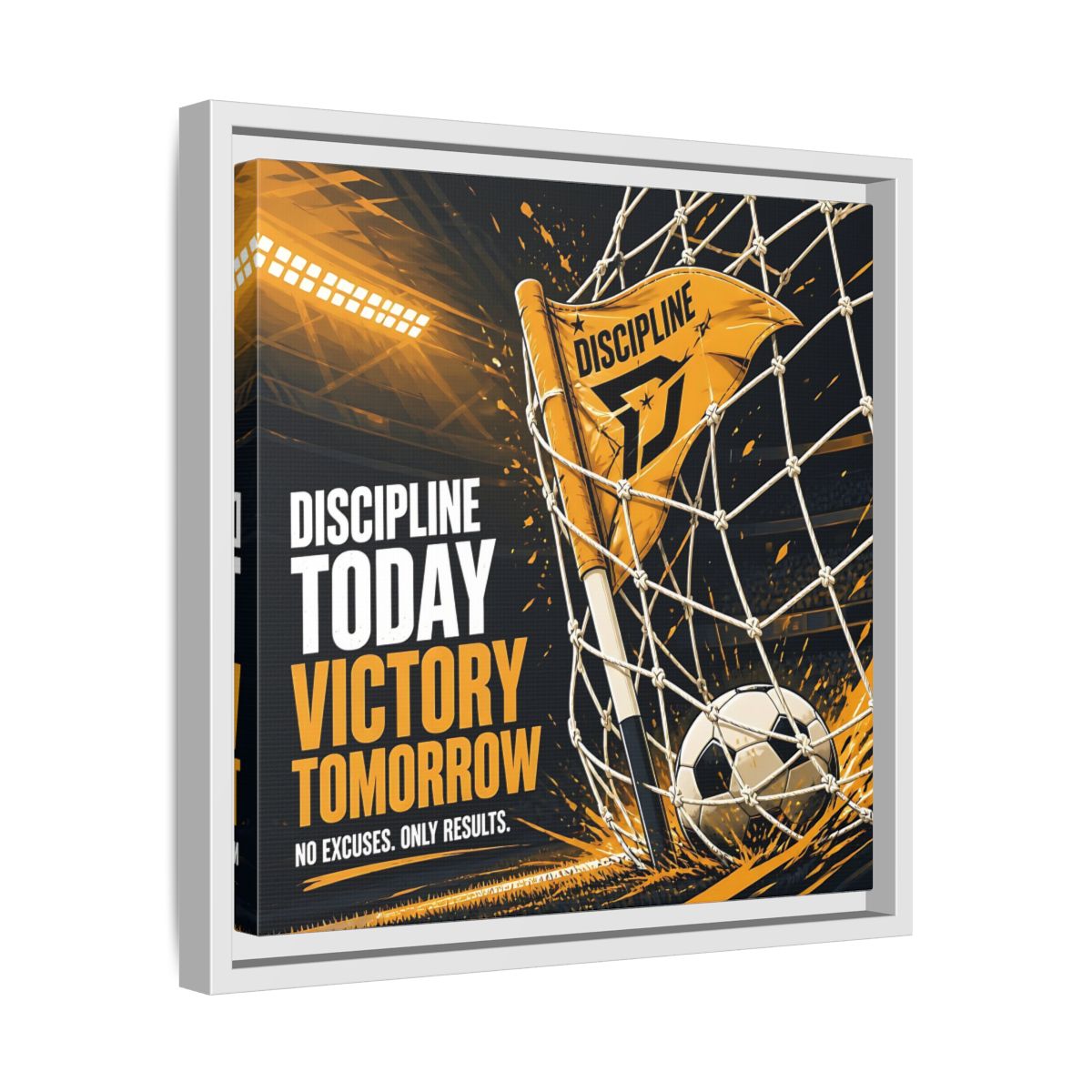 Side Mockup 28. Sports Soccer Goal Black And Gold shown as framed canvas print
