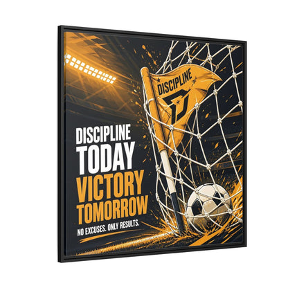 Side Mockup 6. Sports Soccer Goal Black And Gold shown as framed canvas print