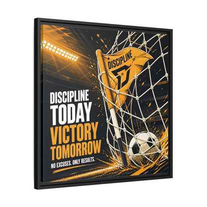 Side Mockup 31. Sports Soccer Goal Black And Gold shown as framed canvas print