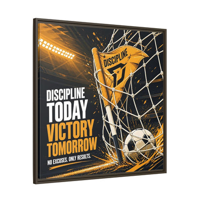 Main Mockup. Sports Soccer Goal Black And Gold shown as framed canvas print