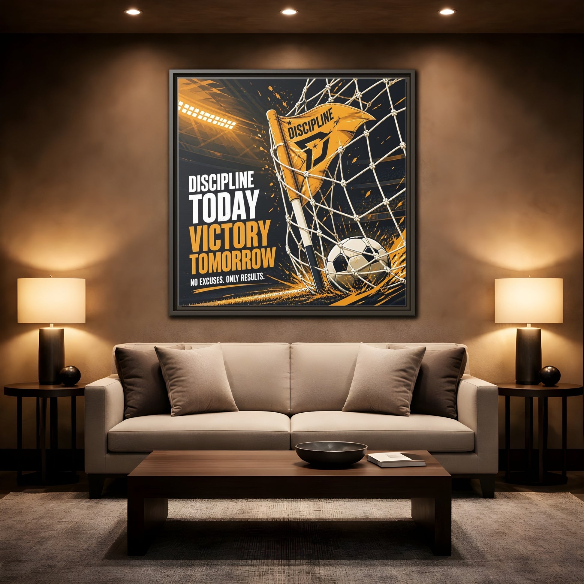 Mockup 2. Sports Soccer Goal Black And Gold shown as framed canvas print