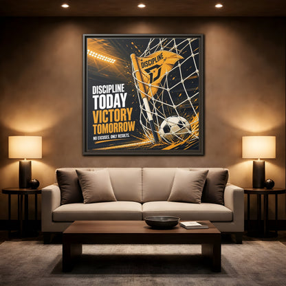 Mockup 2. Sports Soccer Goal Black And Gold shown as framed canvas print