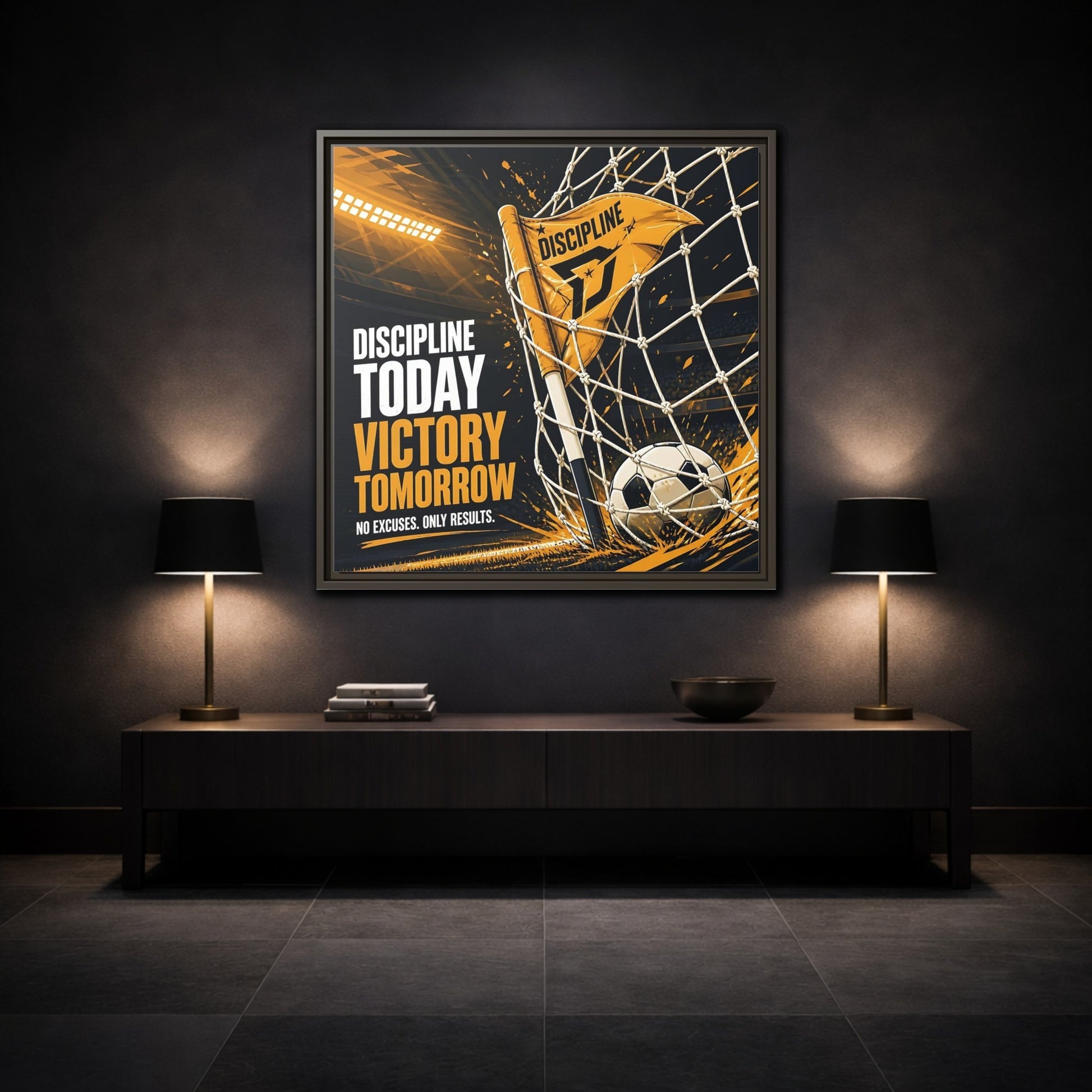 Mockup 3. Sports Soccer Goal Black And Gold shown as framed canvas print