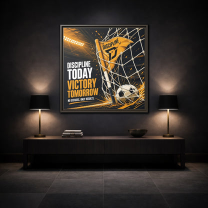 Mockup 3. Sports Soccer Goal Black And Gold shown as framed canvas print