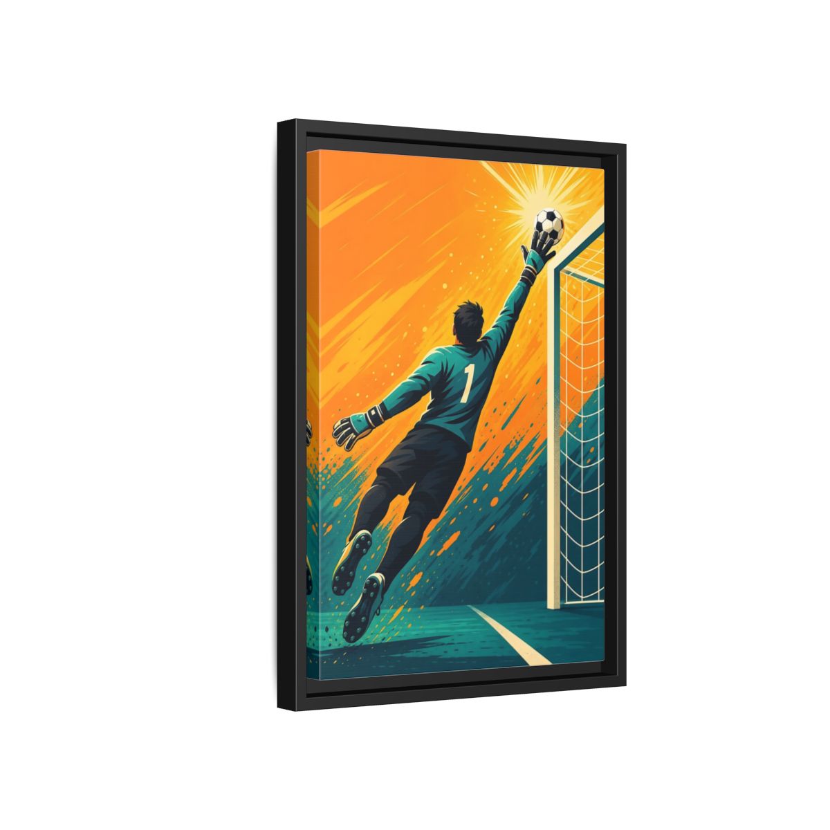 Side Mockup 6. Sports Soccer Goalkeeper Soccer Goalkeeper Orange And Teal shown as framed canvas print