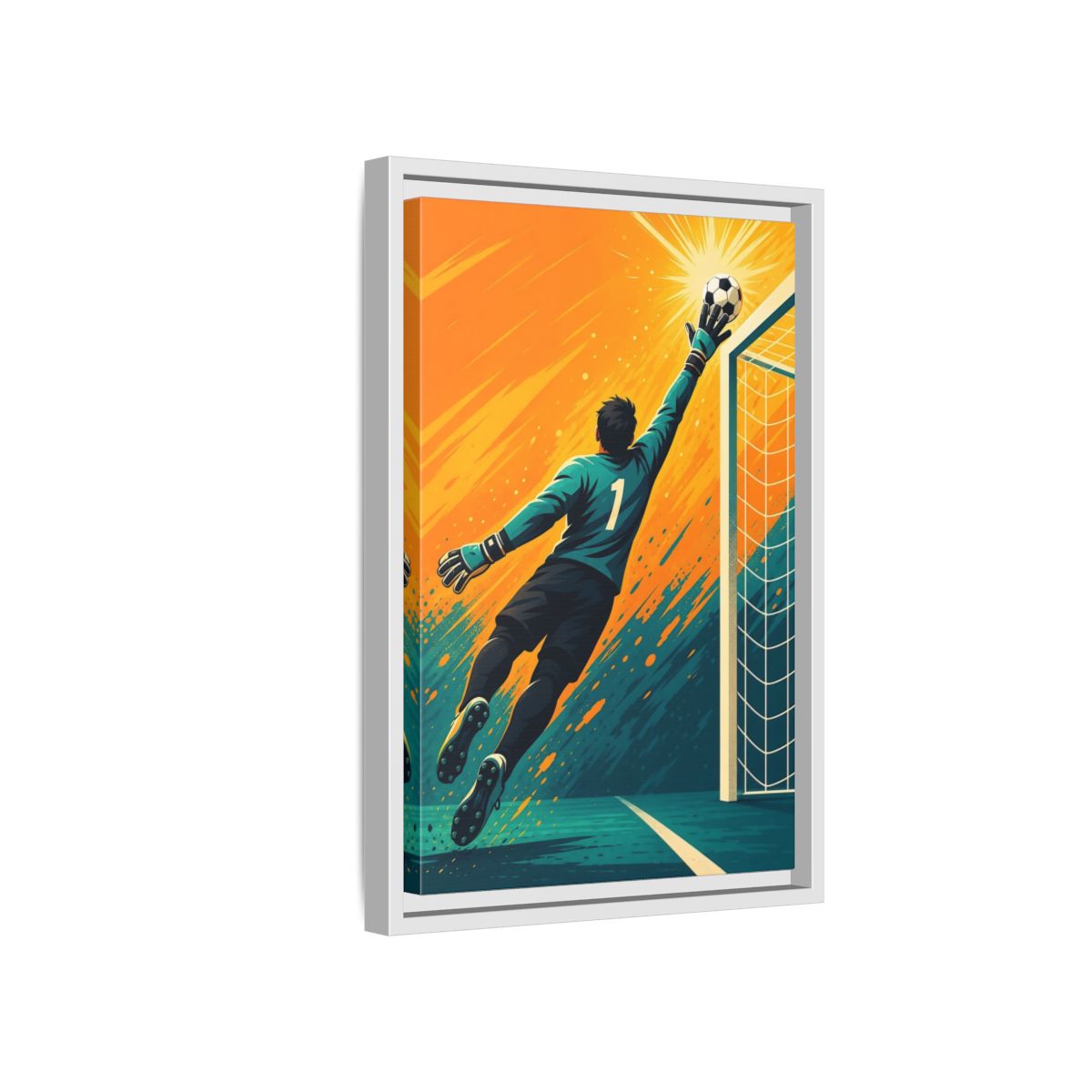Side Mockup 4. Sports Soccer Goalkeeper Soccer Goalkeeper Orange And Teal shown as framed canvas print