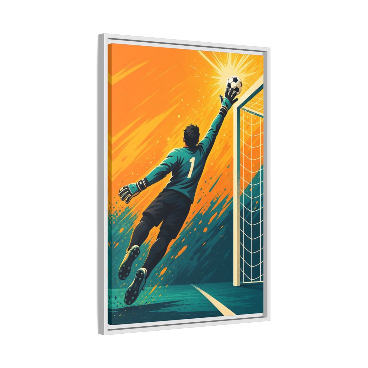 Side Mockup 10. Sports Soccer Goalkeeper Soccer Goalkeeper Orange And Teal shown as framed canvas print