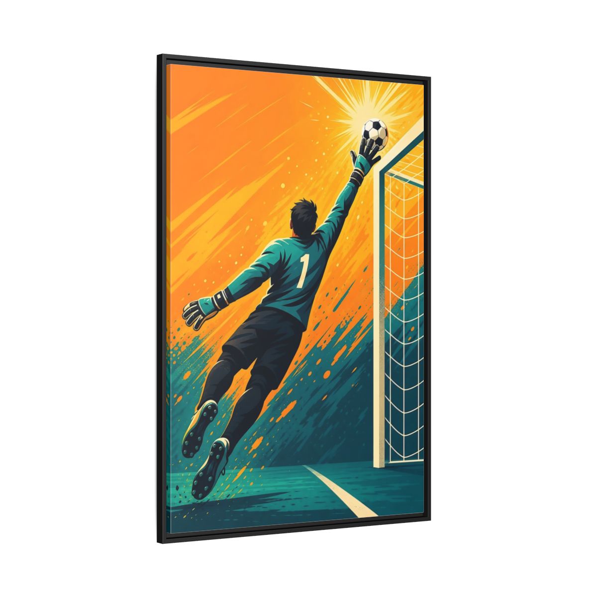 Side Mockup 12. Sports Soccer Goalkeeper Soccer Goalkeeper Orange And Teal shown as framed canvas print