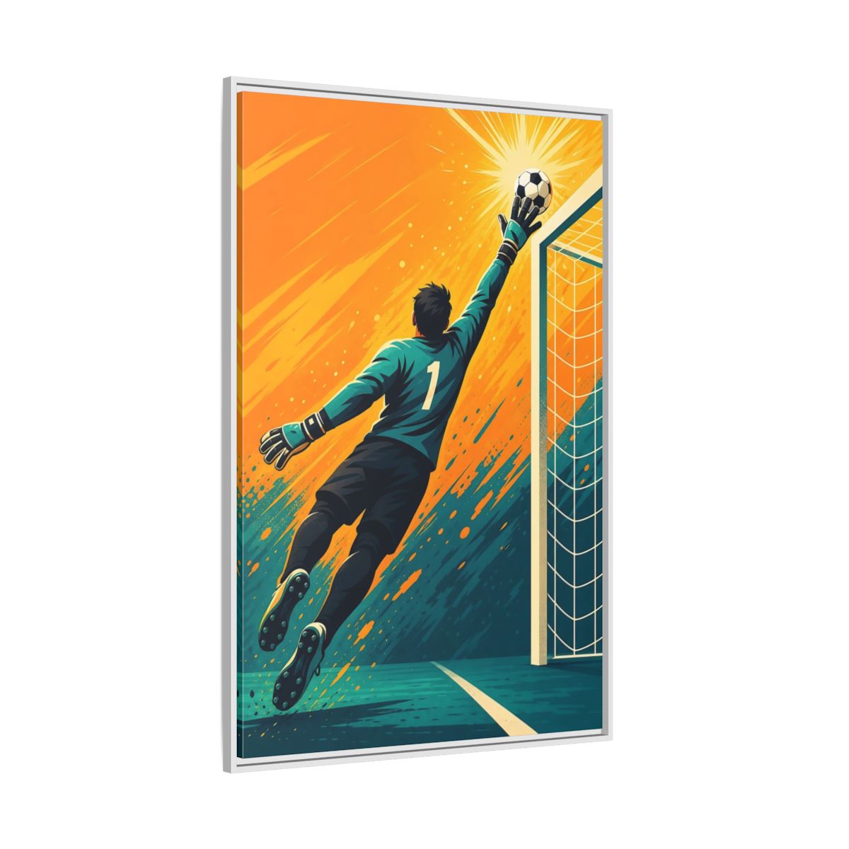 Side Mockup 7. Sports Soccer Goalkeeper Soccer Goalkeeper Orange And Teal shown as framed canvas print